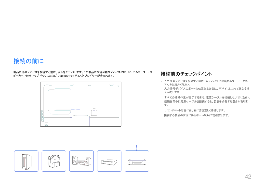 Samsung LH46UECPLGC/XJ, LH55UECPLGC/XJ manual 接続の前に, 接続前のチェックポイント 