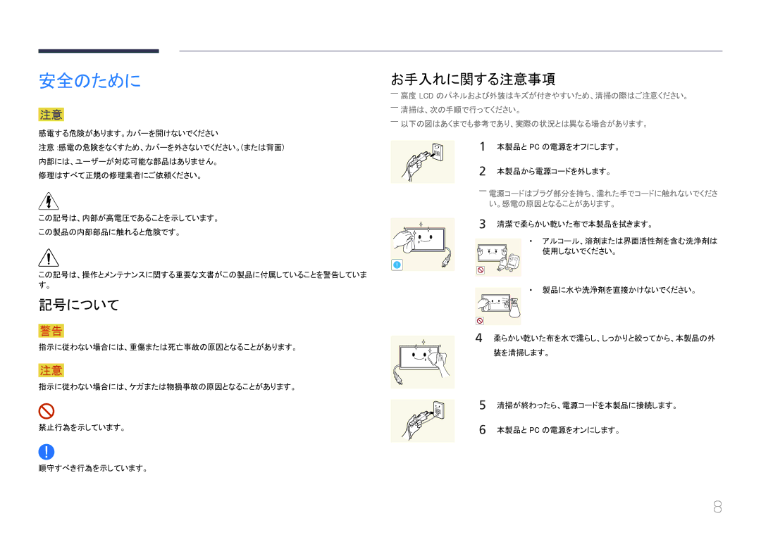 Samsung LH46UECPLGC/XJ manual 安全のために, 記号について, お手入れに関する注意事項, 本製品と Pc の電源をオフにします。 本製品から電源コードを外します。, 本製品と Pc の電源をオンにします。 