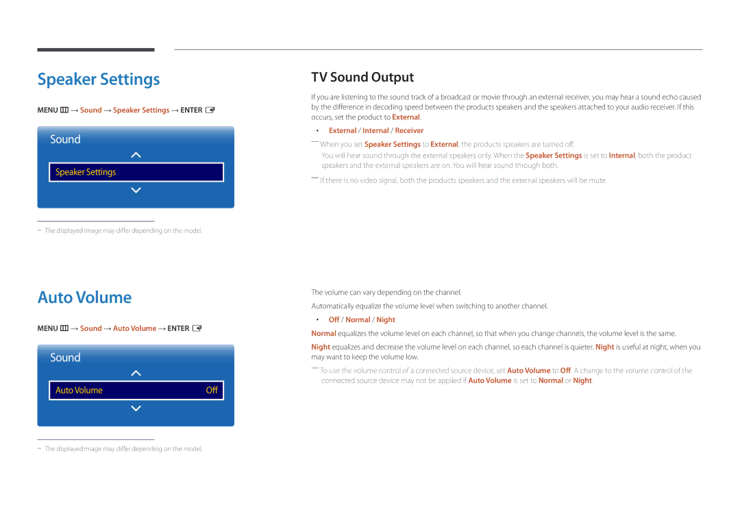 Samsung LH46UEDPLGC/XV, LH46UEDPLGC/EN, LH55UEDPLGC/EN, LH55UEDPLGC/NG manual Speaker Settings, Auto Volume, TV Sound Output 