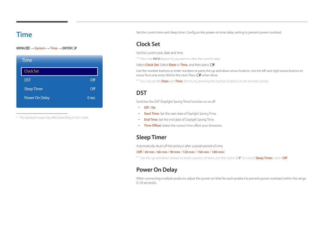 Samsung LH55UEDPLGC/XY, LH46UEDPLGC/EN, LH55UEDPLGC/EN, LH55UEDPLGC/NG manual Clock Set, Sleep Timer, Power On Delay 