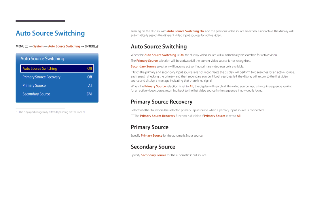 Samsung LH46UEDPLGC/XV, LH46UEDPLGC/EN, LH55UEDPLGC/EN Auto Source Switching, Primary Source Recovery, Secondary Source 