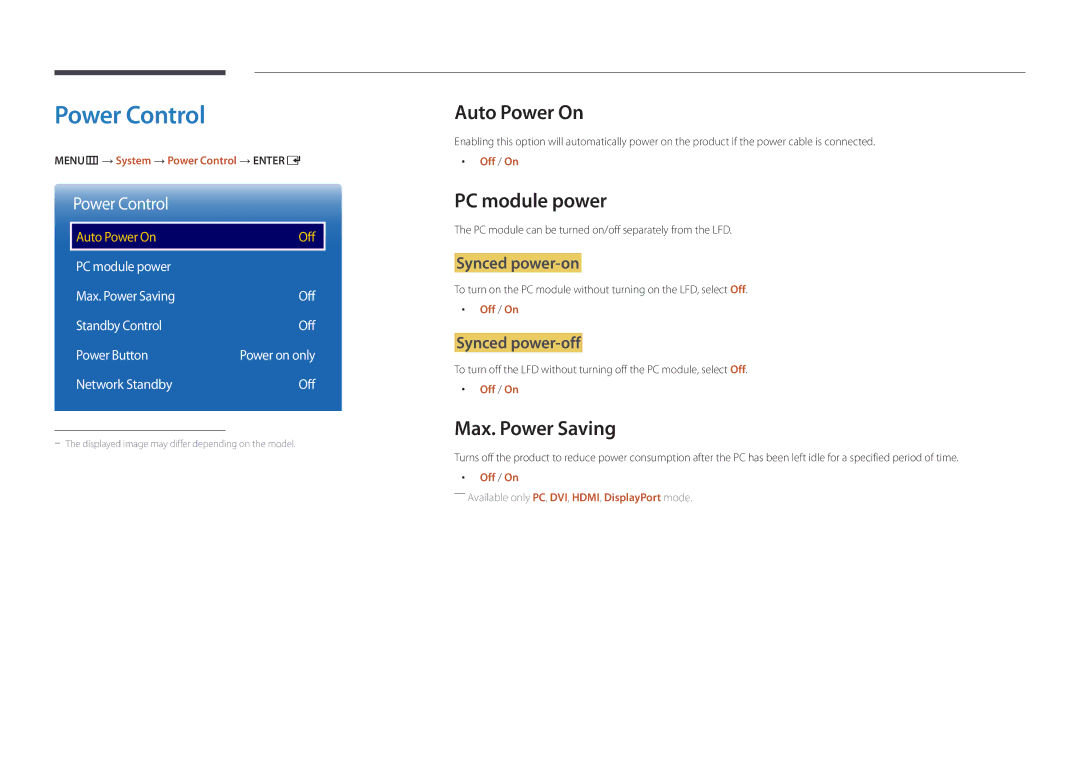 Samsung LH46UEDPLGC/XY, LH46UEDPLGC/EN, LH55UEDPLGC/EN Power Control, Auto Power On, PC module power, Max. Power Saving 