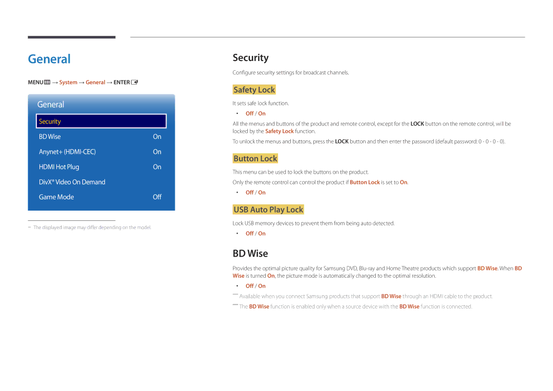 Samsung LH46UEDPLGC/SM, LH46UEDPLGC/EN, LH55UEDPLGC/EN, LH55UEDPLGC/NG, LH46UEDPLGC/NG manual General, Security, BD Wise 