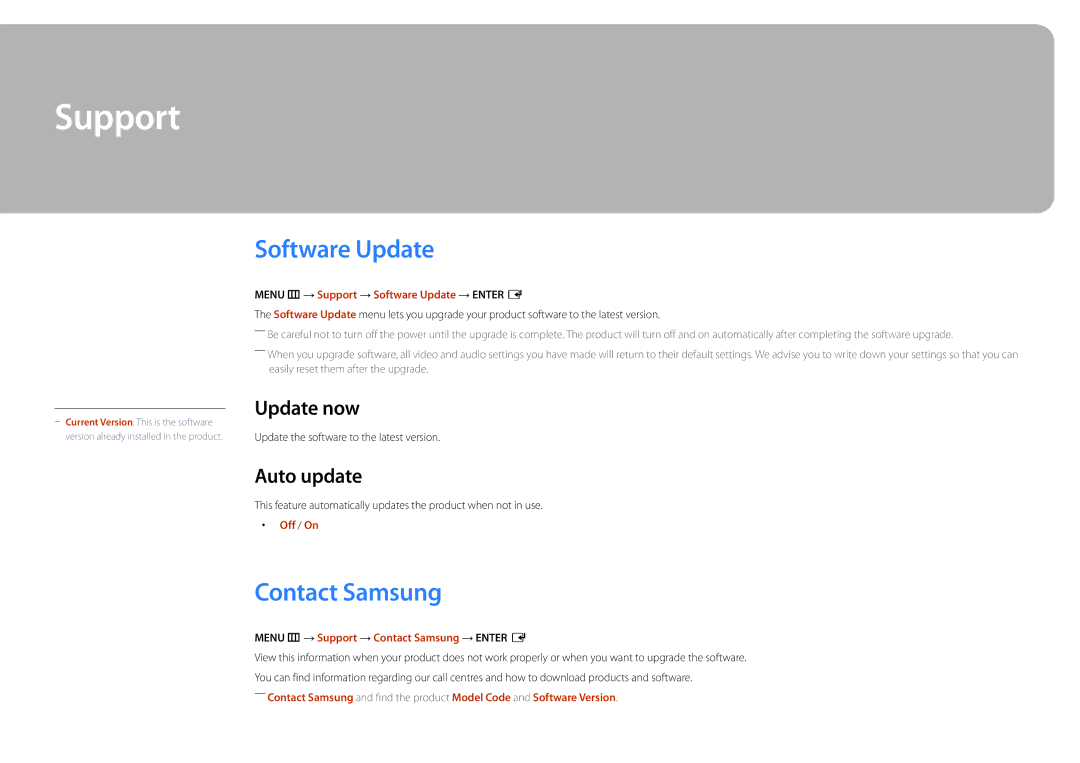 Samsung LH55UEDPLGC/XV, LH46UEDPLGC/EN, LH55UEDPLGC/EN Support, Software Update, Contact Samsung, Update now, Auto update 