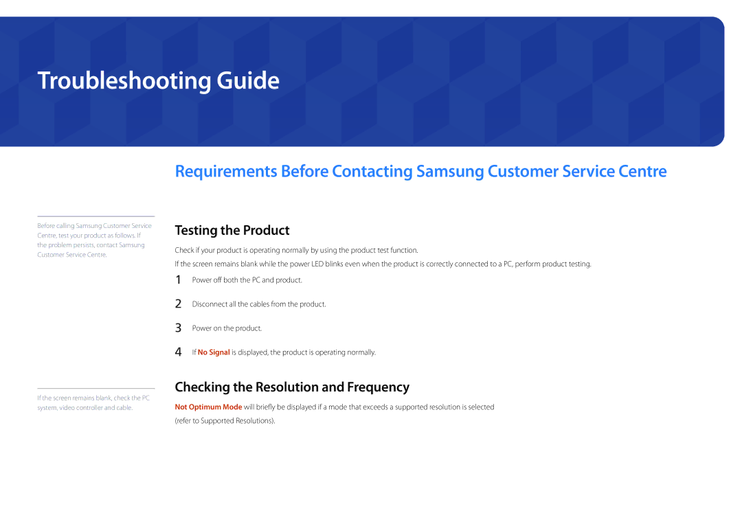 Samsung LH55UEDPLGC/CH, LH46UEDPLGC/EN Troubleshooting Guide, Testing the Product, Checking the Resolution and Frequency 