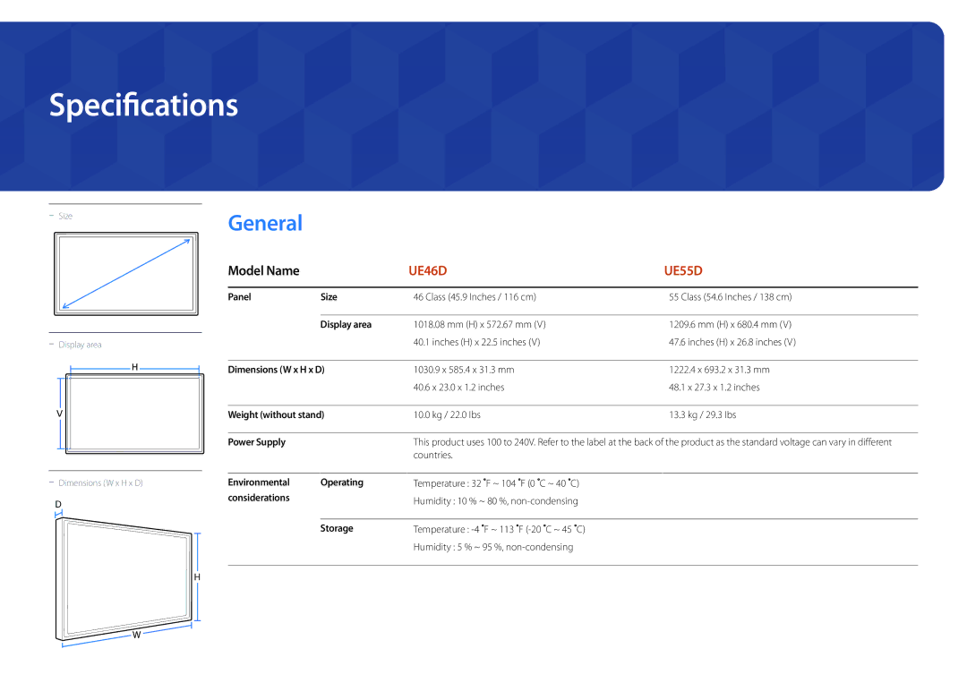 Samsung LH55UEDPLGC/XY, LH46UEDPLGC/EN, LH55UEDPLGC/EN, LH55UEDPLGC/NG, LH46UEDPLGC/NG, LH46UEDPLGC/SM manual Specifications 