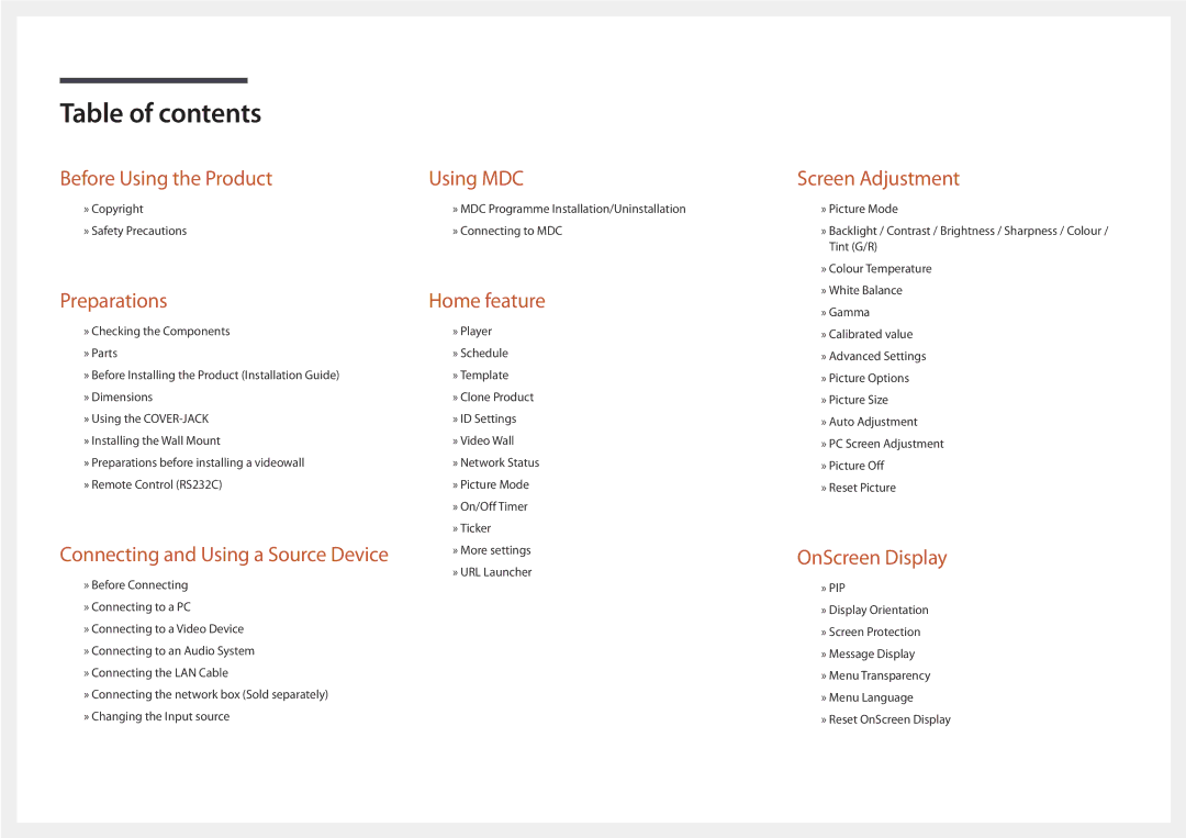 Samsung LH55UEDPLGC/NG, LH46UEDPLGC/EN, LH55UEDPLGC/EN, LH46UEDPLGC/NG, LH46UEDPLGC/SM, LH46UEDPLGC/HD manual Table of contents 