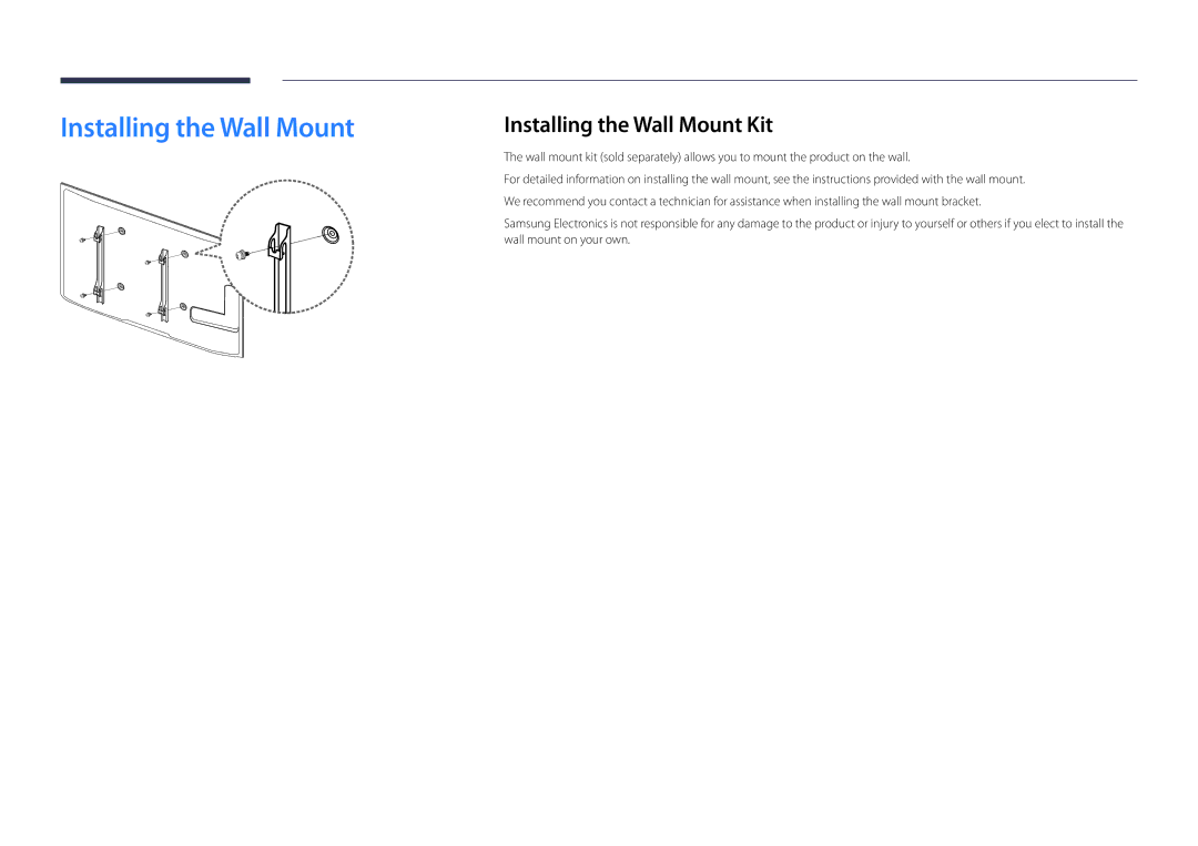 Samsung LH46UEDPLGC/XY, LH46UEDPLGC/EN, LH55UEDPLGC/EN, LH55UEDPLGC/NG, LH46UEDPLGC/NG manual Installing the Wall Mount Kit 