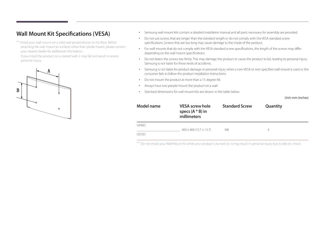 Samsung LH55UEDPLGC/XV, LH46UEDPLGC/EN, LH55UEDPLGC/EN, LH55UEDPLGC/NG manual Wall Mount Kit Specifications Vesa, UE55D 