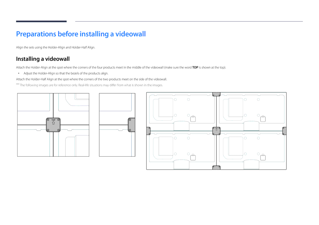 Samsung LH46UEDPLGC/CH, LH46UEDPLGC/EN, LH55UEDPLGC/EN Preparations before installing a videowall, Installing a videowall 