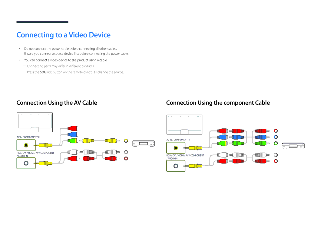 Samsung LH55UEDPLGC/EN Connecting to a Video Device, Connection Using the AV Cable, Connection Using the component Cable 