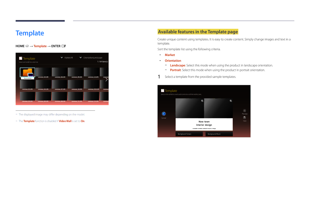 Samsung LH55UEDPLGC/CH manual Available features in the Template, Home → Template → Enter E, Market, Orientation 