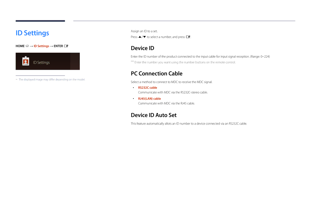 Samsung LH46UEDPLGC/NG, LH46UEDPLGC/EN, LH55UEDPLGC/EN manual ID Settings, PC Connection Cable, Device ID Auto Set 