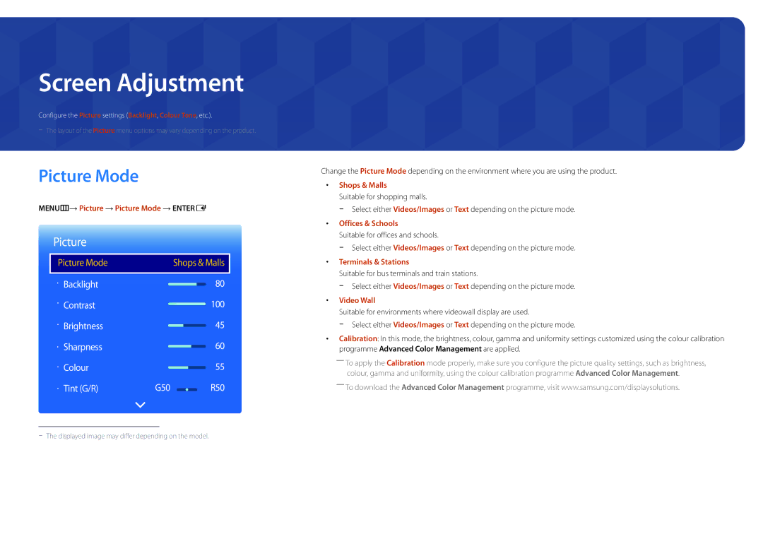 Samsung LH46UEDPLGC/CH, LH46UEDPLGC/EN, LH55UEDPLGC/EN manual Screen Adjustment, MENUm→ Picture → Picture Mode → Entere 