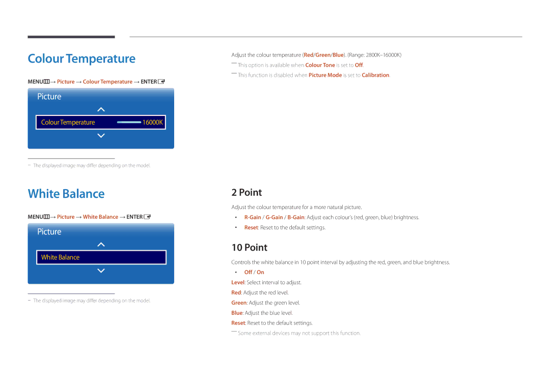 Samsung LH46UEDPLGC/EN, LH55UEDPLGC/EN manual White Balance, Point, MENUm→ Picture → Colour Temperature → Entere 