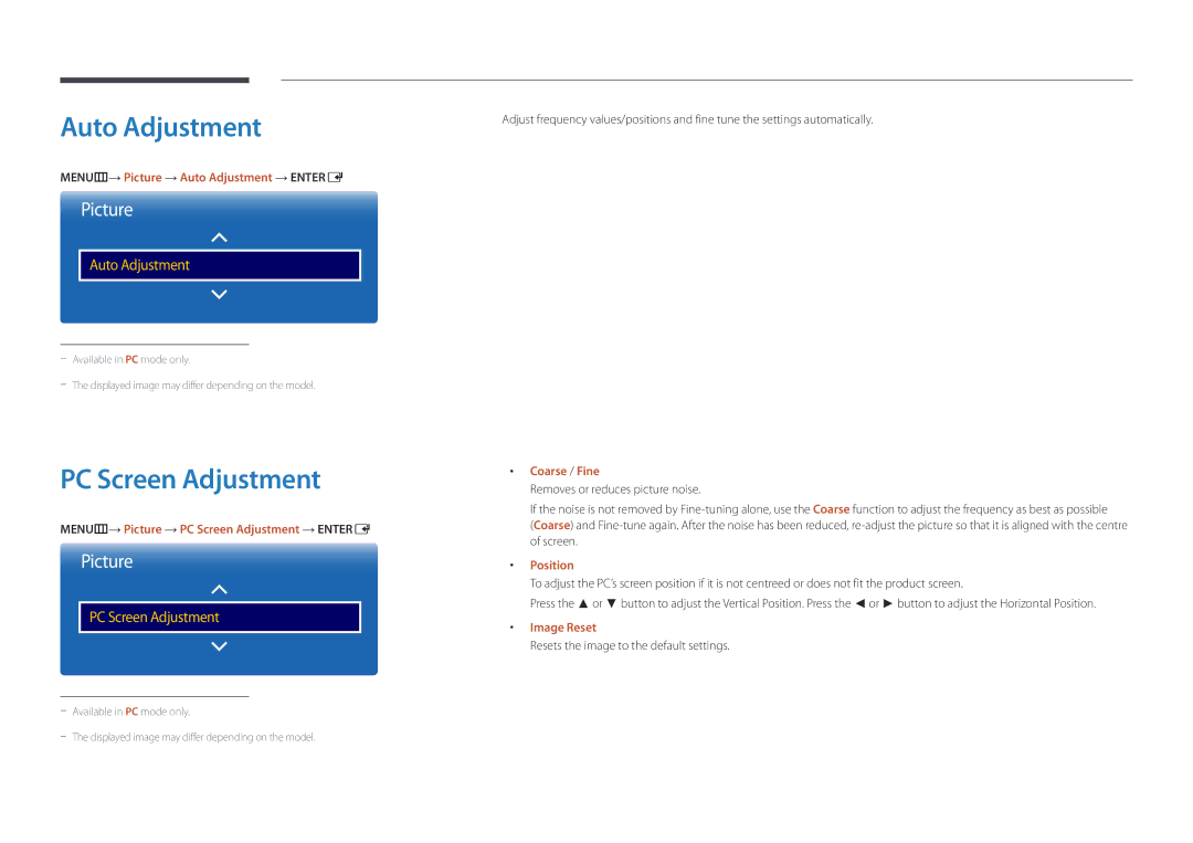 Samsung LH55UEDPLGC/XV, LH46UEDPLGC/EN, LH55UEDPLGC/EN, LH55UEDPLGC/NG, LH46UEDPLGC/NG Auto Adjustment, PC Screen Adjustment 