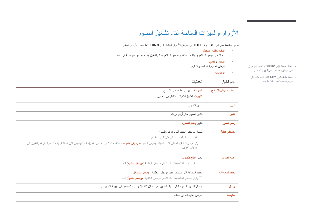 Samsung LH46UEDPLGC/NG, LH46UEDPLGC/EN, LH55UEDPLGC/EN, LH55UEDPLGC/NG manual روصلا ليغشت ءانثأ ةحاتملا تازيملاو رارزلأا 