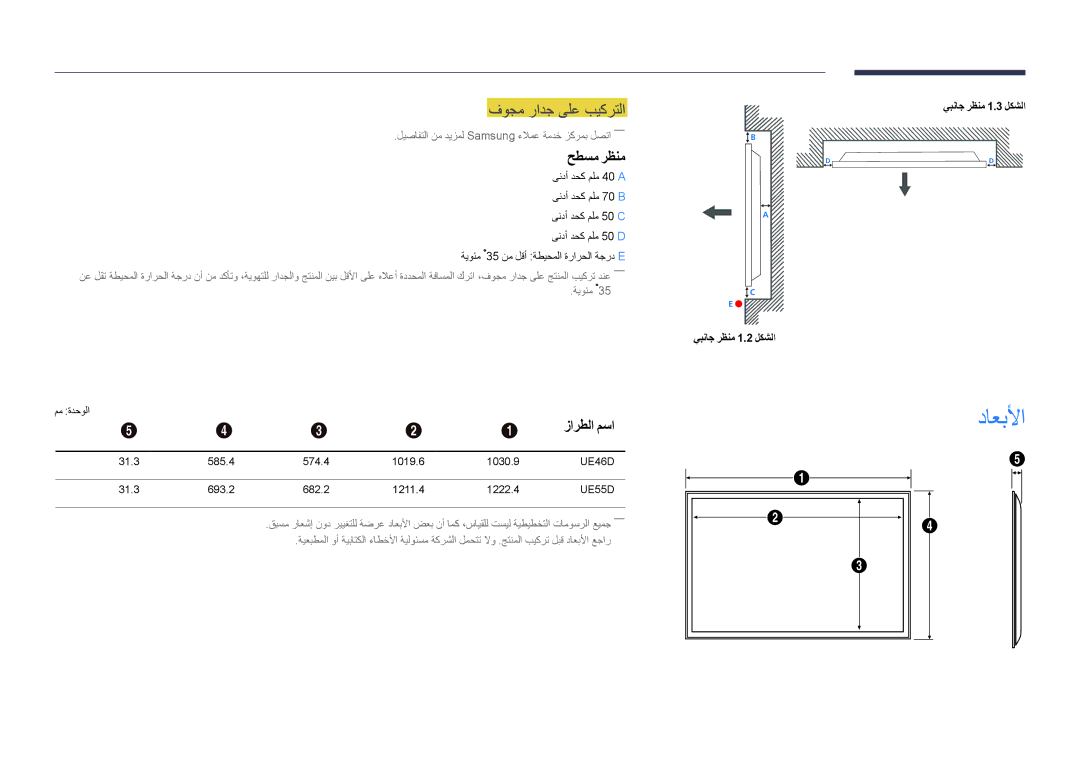 Samsung LH55UEDPLGC/UE داعبلأا, فوجم رادج ىلع بيكرتلا, حطسم رظنم, زارطلا مسا, يبناج رظنم 1.2 لكشلا يبناج رظنم 1.3 لكشلا 