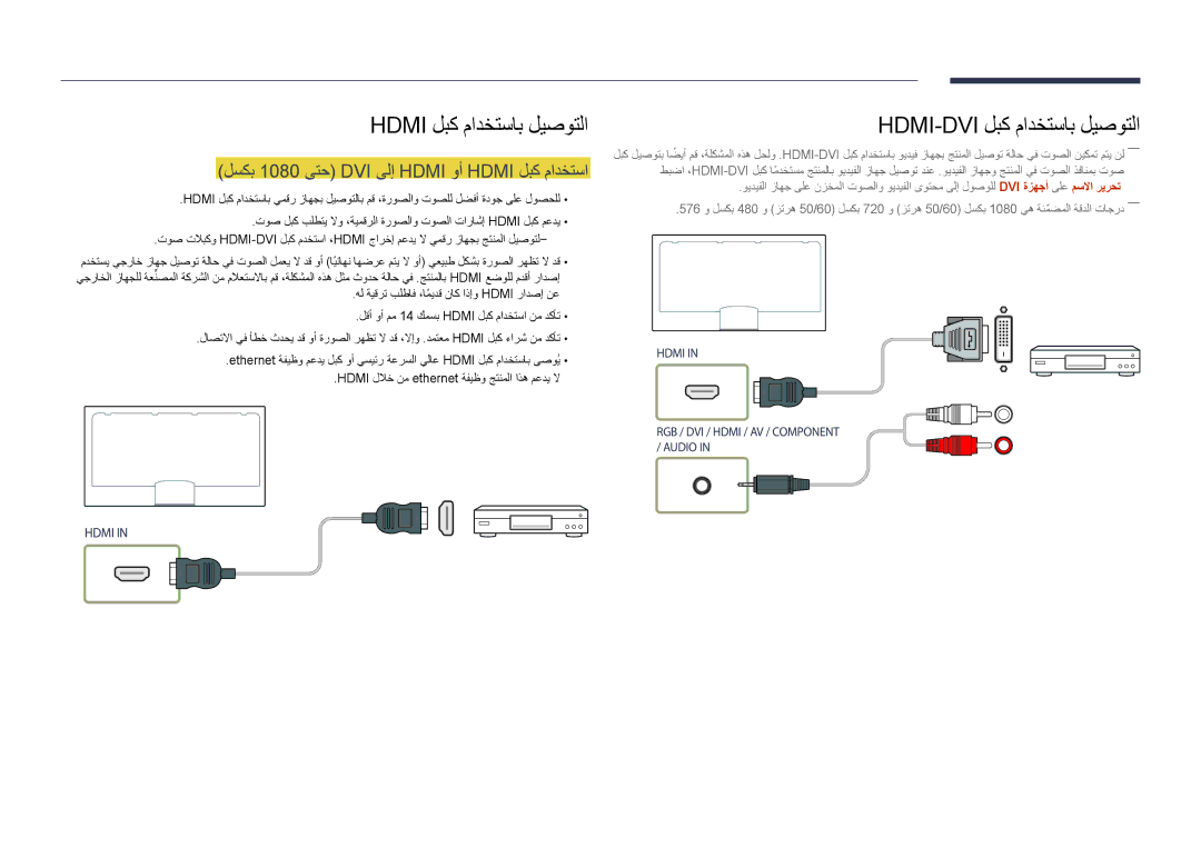 Samsung LH46UEDPLGC/SM, LH46UEDPLGC/EN manual Hdmi لبك مادختساب ليصوتلا, لسكب 1080 ىتح DVI ىلإ Hdmi وأ Hdmi لبك مادختسا 