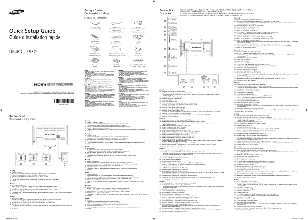 Samsung LH55UEDPLGC/EN, LH46UEDPLGC/EN manual Package Contents Contenu de l’emballage, Reverse Side, Face arrière 