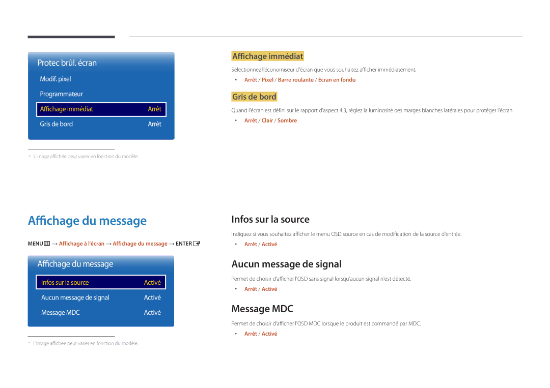 Samsung LH55UEDPLGC/EN, LH46UEDPLGC/EN Affichage du message, Infos sur la source, Aucun message de signal, Message MDC 