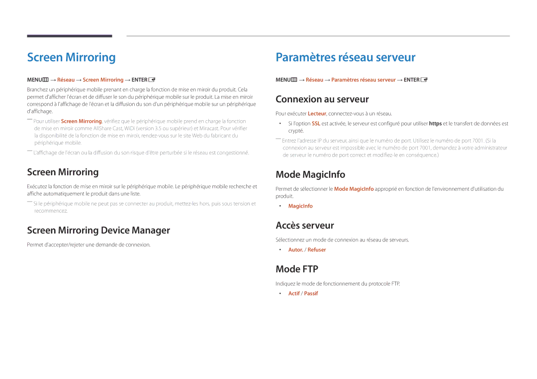 Samsung LH46UEDPLGC/EN, LH55UEDPLGC/EN manual Screen Mirroring, Paramètres réseau serveur 