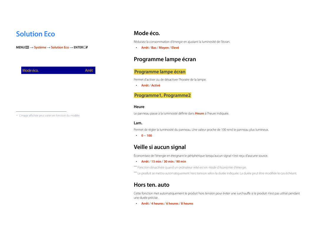 Samsung LH46UEDPLGC/EN manual Solution Eco, Mode éco, Programme lampe écran, Veille si aucun signal, Hors ten. auto 