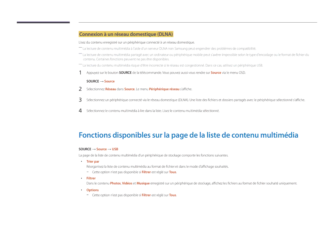 Samsung LH55UEDPLGC/EN, LH46UEDPLGC/EN manual Connexion à un réseau domestique Dlna, Source → Source → USB 