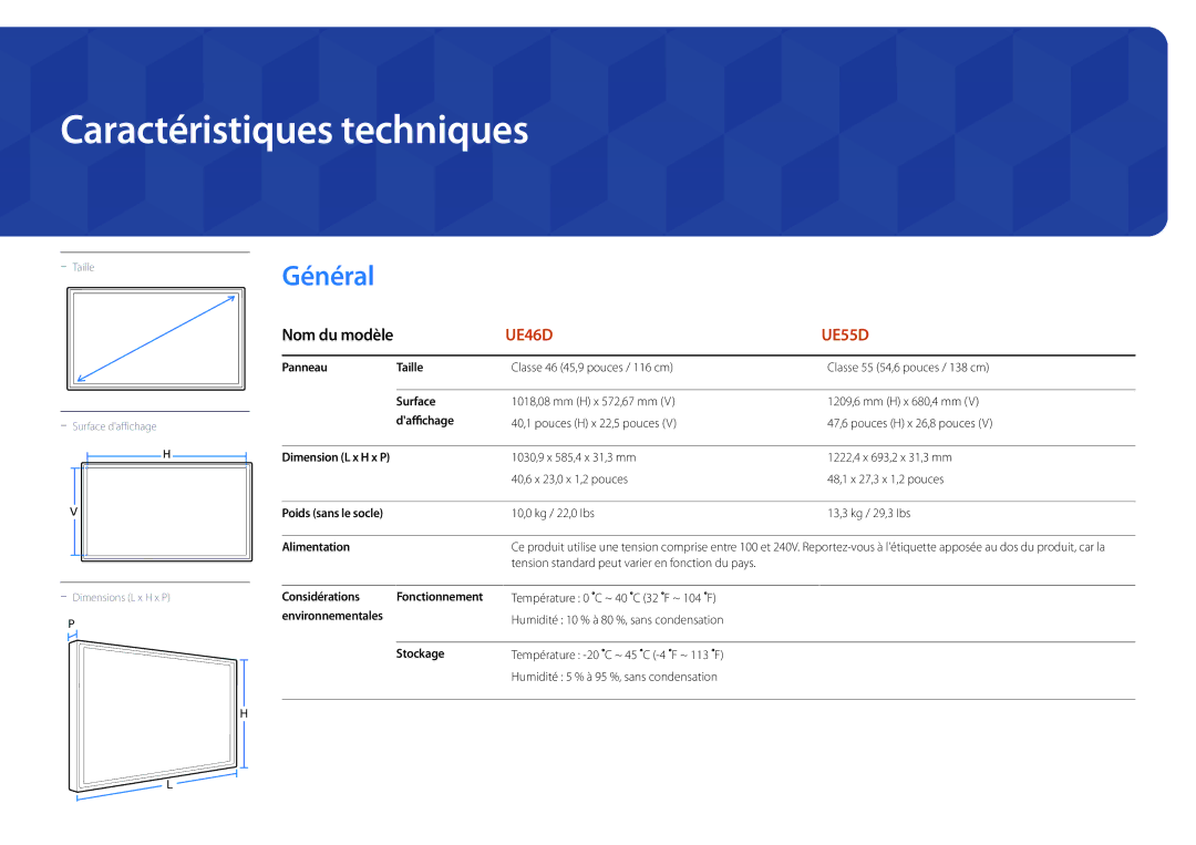 Samsung LH55UEDPLGC/EN, LH46UEDPLGC/EN manual Caractéristiques techniques 