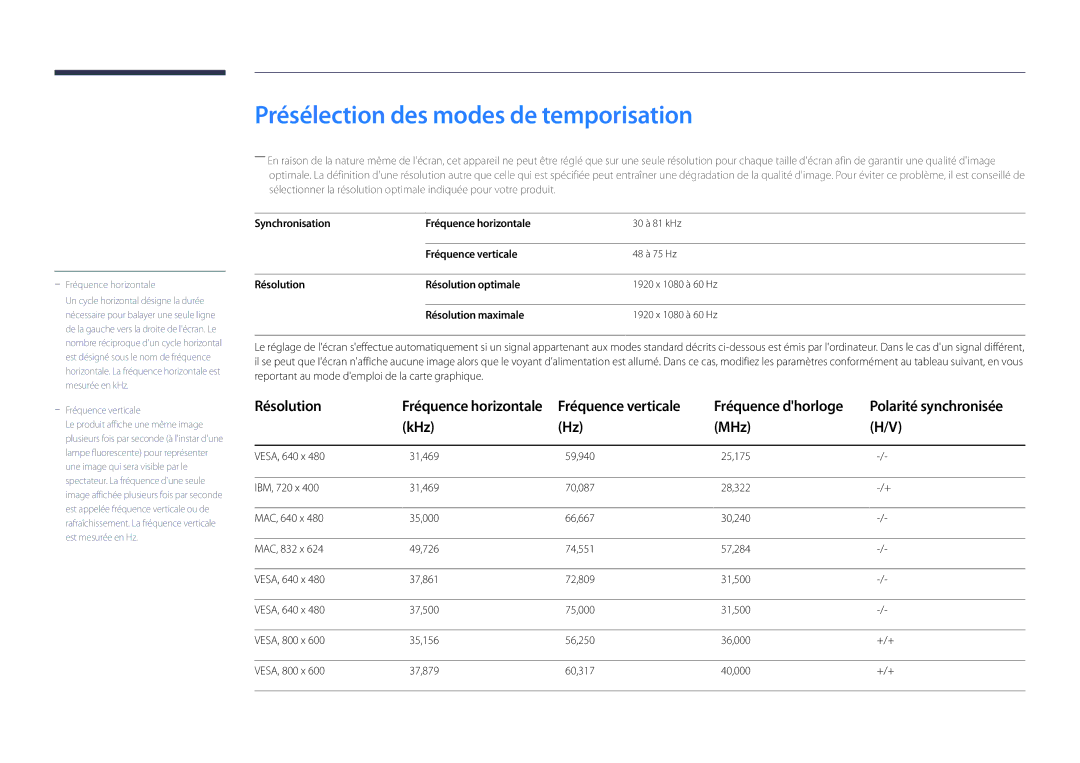 Samsung LH46UEDPLGC/EN, LH55UEDPLGC/EN manual Présélection des modes de temporisation, KHz MHz 