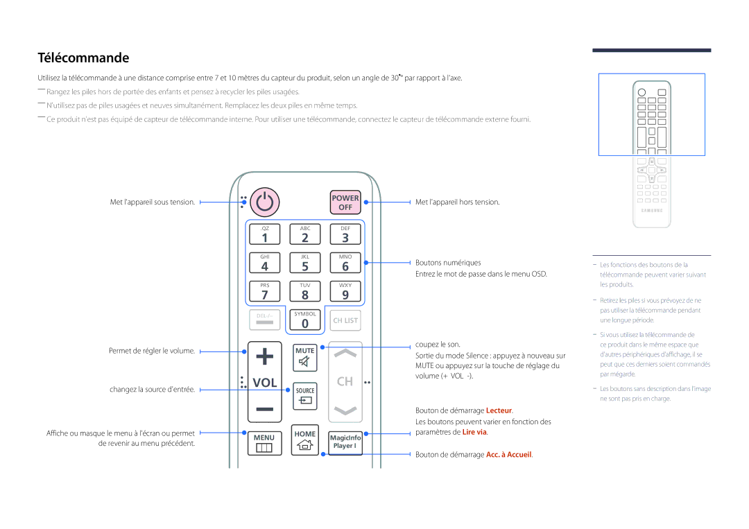 Samsung LH46UEDPLGC/EN, LH55UEDPLGC/EN manual Télécommande, Vol 