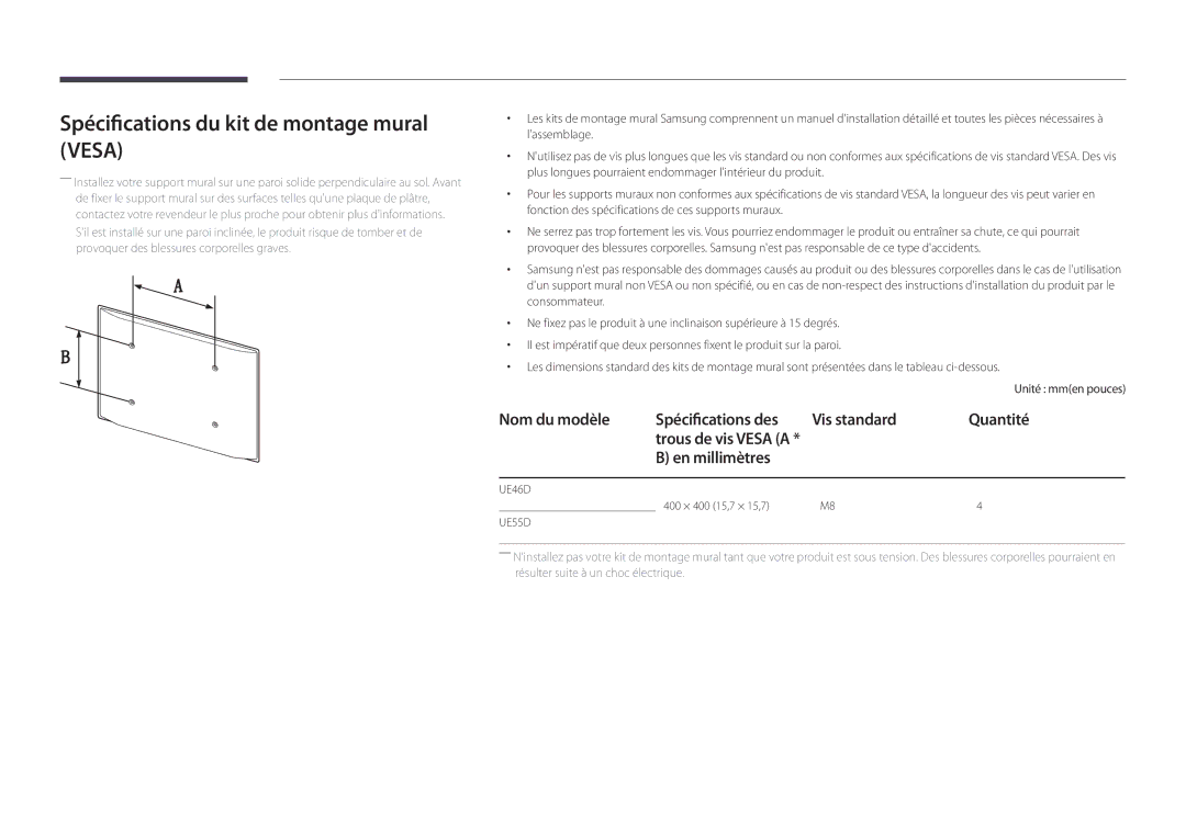 Samsung LH55UEDPLGC/EN Spécifications du kit de montage mural Vesa, Nom du modèle Spécifications des Vis standard Quantité 