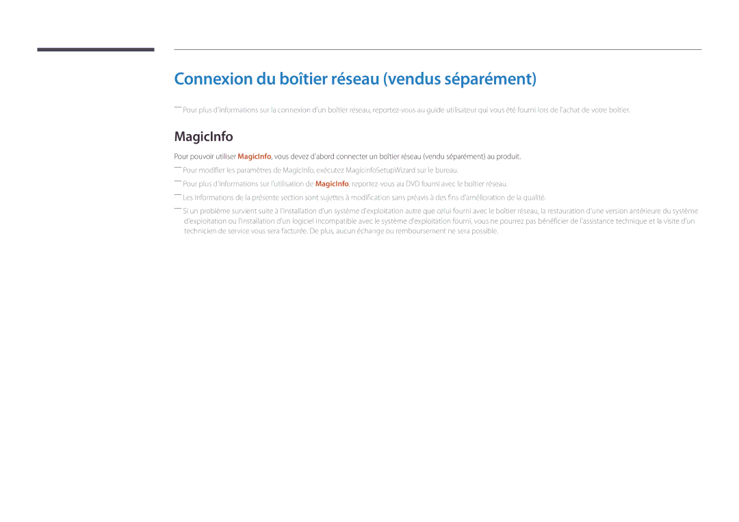 Samsung LH46UEDPLGC/EN, LH55UEDPLGC/EN manual Connexion du boîtier réseau vendus séparément, MagicInfo 