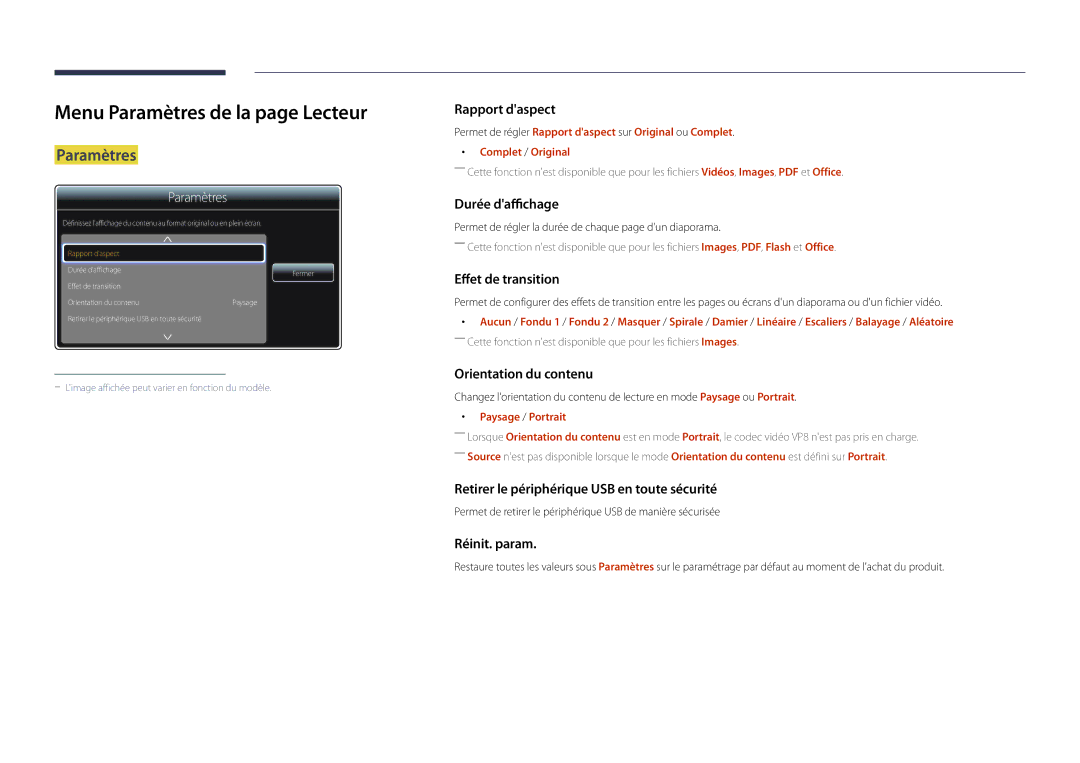 Samsung LH55UEDPLGC/EN, LH46UEDPLGC/EN manual Menu Paramètres de la page Lecteur, Paysage / Portrait 