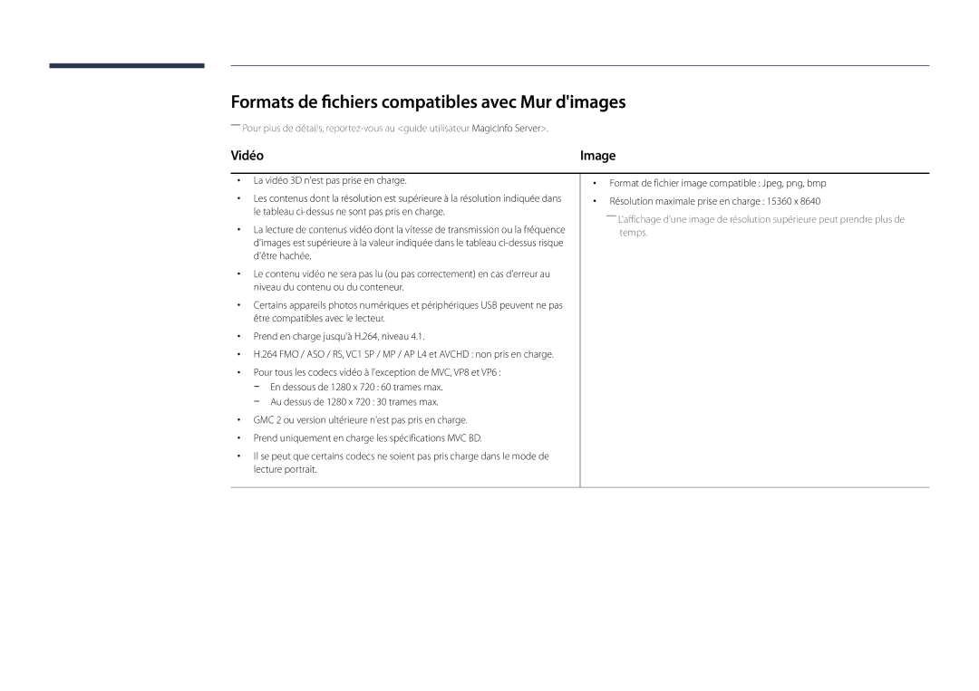 Samsung LH55UEDPLGC/EN, LH46UEDPLGC/EN manual Formats de fichiers compatibles avec Mur dimages, Vidéo 