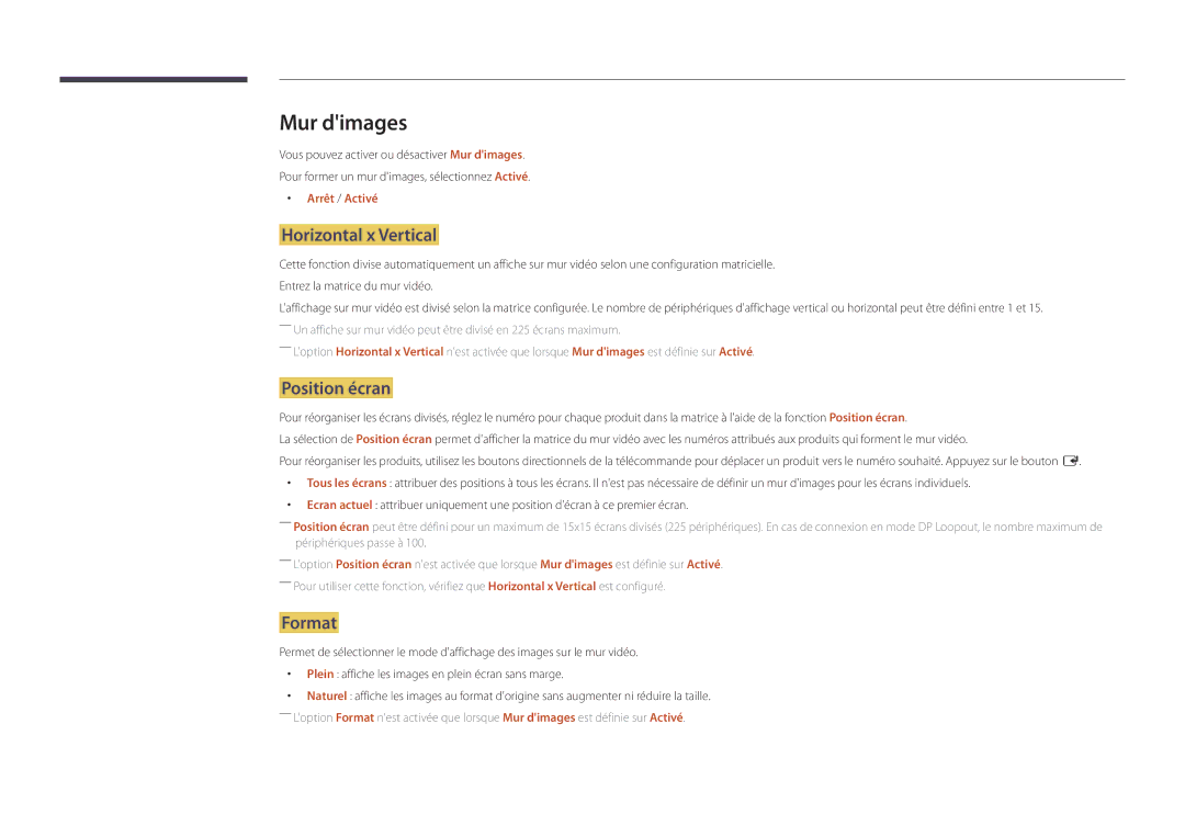 Samsung LH55UEDPLGC/EN, LH46UEDPLGC/EN manual Mur dimages, Horizontal x Vertical, Position écran, Format, Arrêt / Activé 