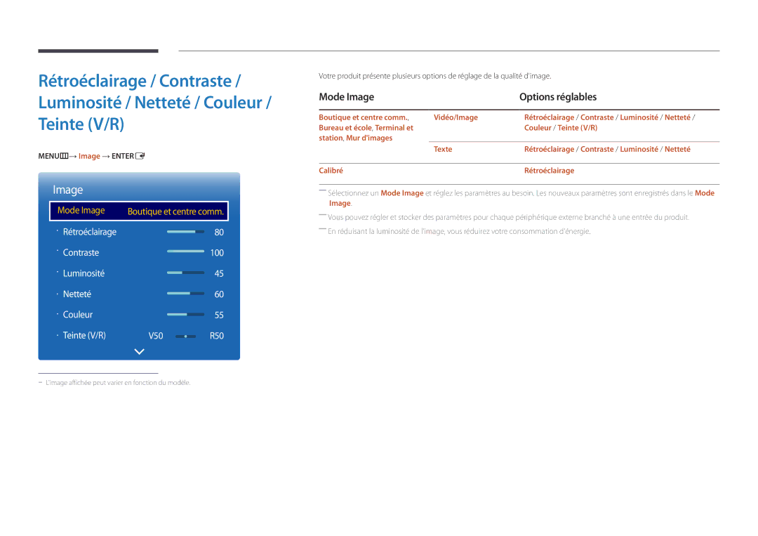 Samsung LH55UEDPLGC/EN, LH46UEDPLGC/EN manual Mode Image Options réglables, MENUm→ Image → Entere 