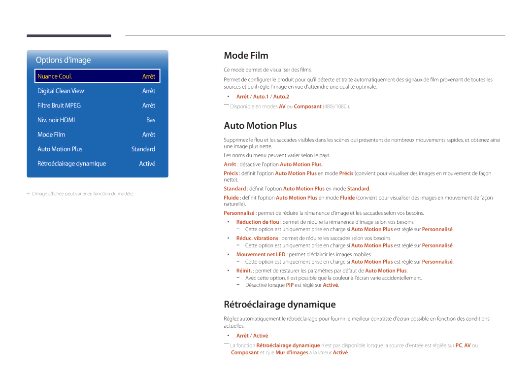 Samsung LH55UEDPLGC/EN, LH46UEDPLGC/EN manual Mode Film, Auto Motion Plus, Rétroéclairage dynamique 
