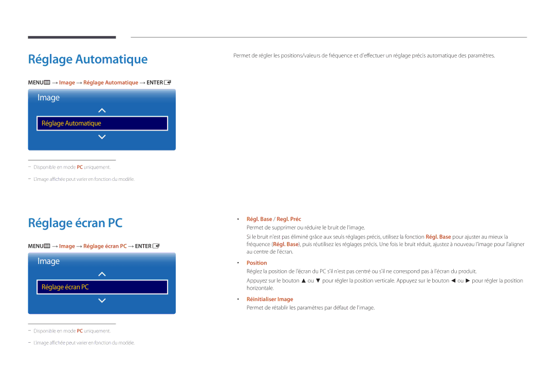 Samsung LH55UEDPLGC/EN, LH46UEDPLGC/EN manual Réglage Automatique, Réglage écran PC 