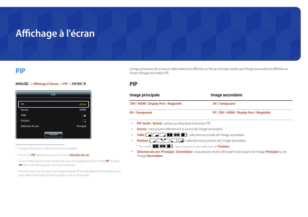 Samsung LH55UEDPLGC/EN manual Image principale Image secondaire, MENUm → Affichage à lécran → PIP → Entere, Taille 