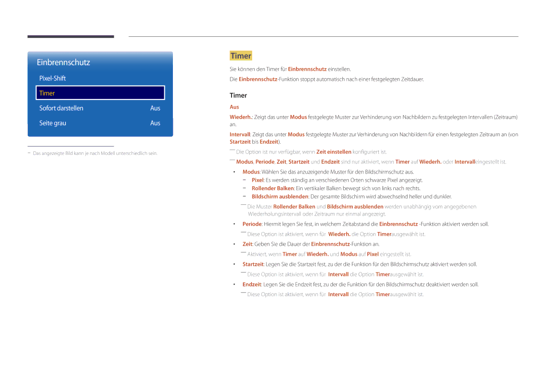 Samsung LH46UEDPLGC/EN, LH55UEDPLGC/EN manual Einbrennschutz, Timer, Pixel-Shift, Sofort darstellen, Seite grau 