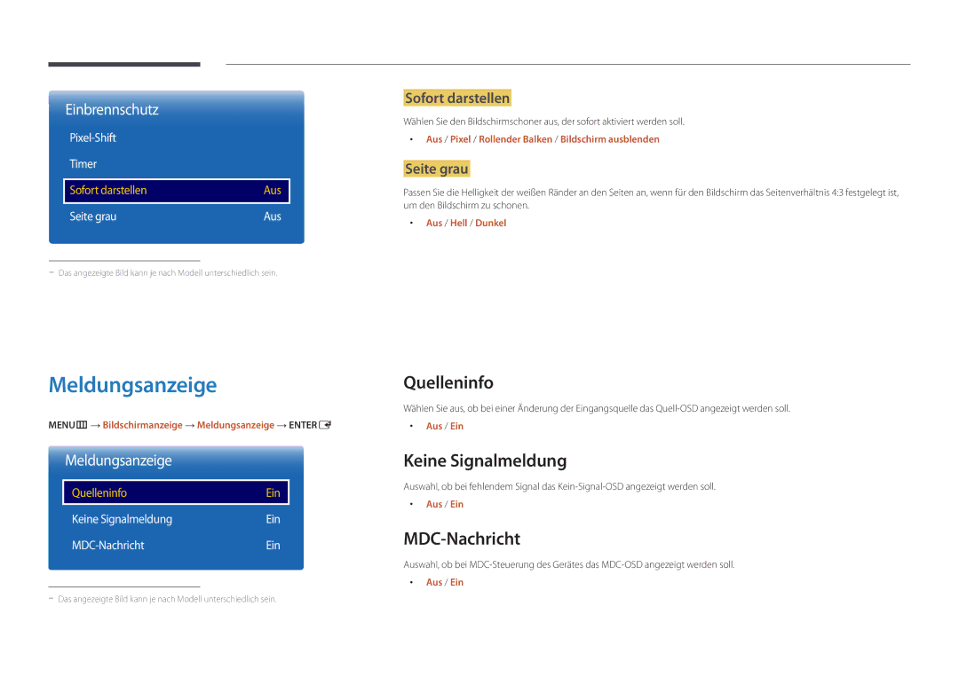 Samsung LH55UEDPLGC/EN, LH46UEDPLGC/EN manual Meldungsanzeige, Quelleninfo, Keine Signalmeldung, MDC-Nachricht 