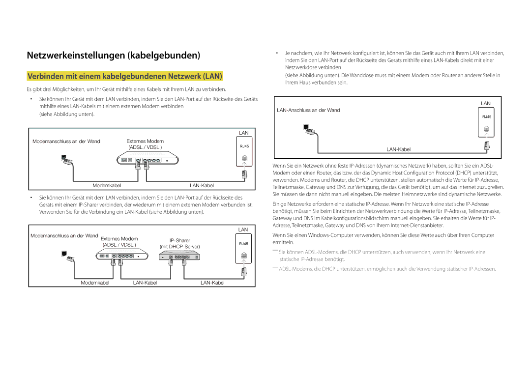 Samsung LH46UEDPLGC/EN manual Netzwerkeinstellungen kabelgebunden, Verbinden mit einem kabelgebundenen Netzwerk LAN 