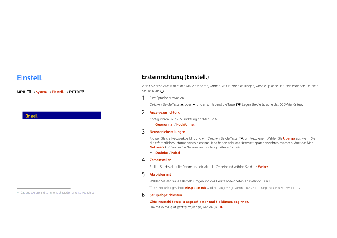 Samsung LH46UEDPLGC/EN, LH55UEDPLGC/EN manual System, Ersteinrichtung Einstell 