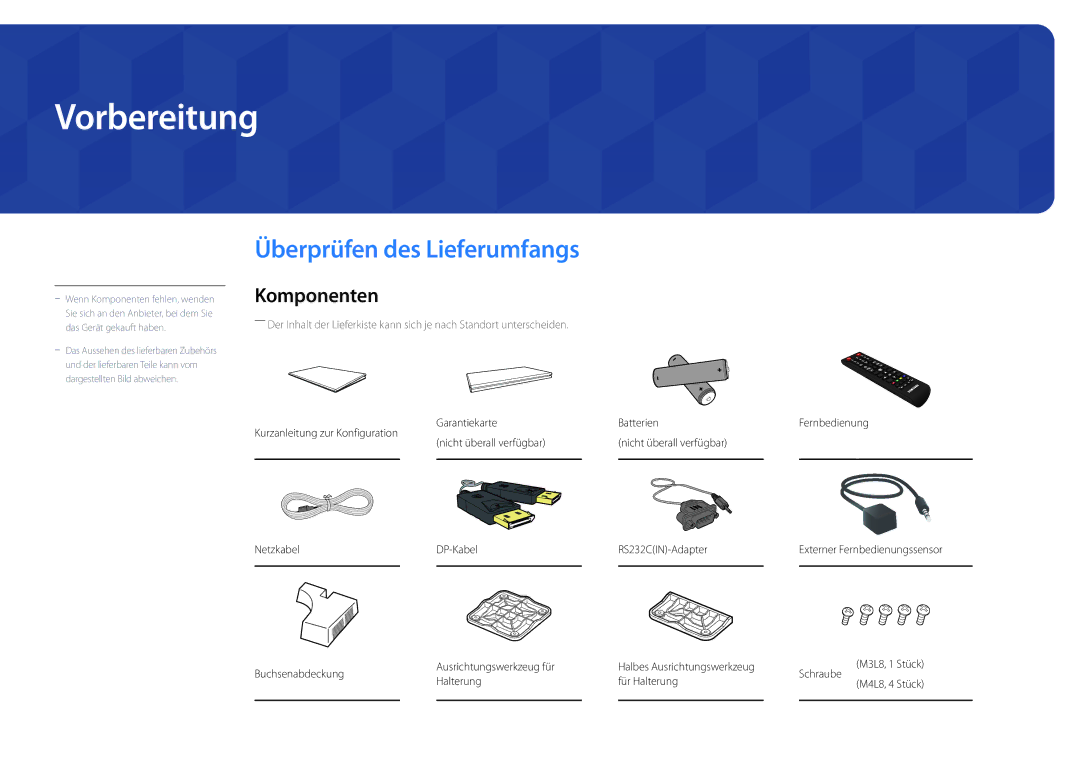 Samsung LH46UEDPLGC/EN, LH55UEDPLGC/EN manual Vorbereitung, Überprüfen des Lieferumfangs, Komponenten, M3L8, 1 Stück 