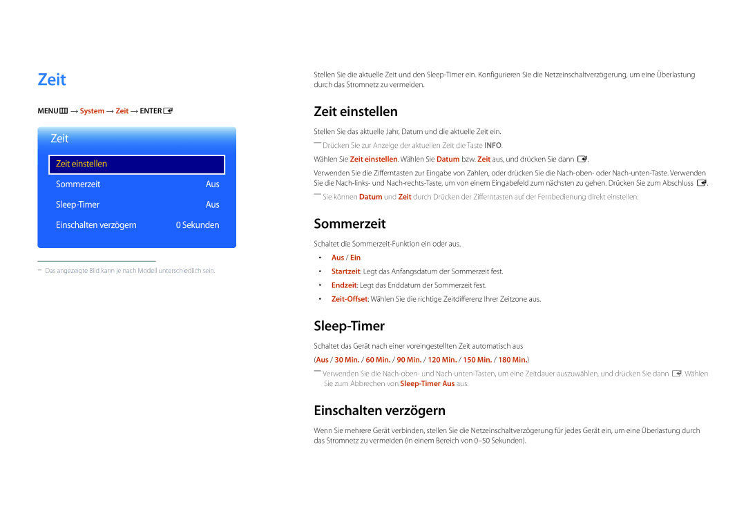 Samsung LH46UEDPLGC/EN, LH55UEDPLGC/EN manual Zeit einstellen, Sommerzeit, Sleep-Timer, Einschalten verzögern 