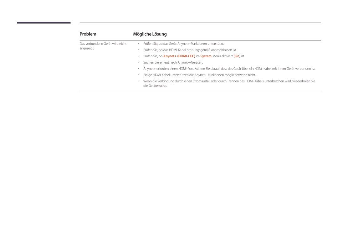 Samsung LH46UEDPLGC/EN, LH55UEDPLGC/EN manual Problem, Mögliche Lösung 