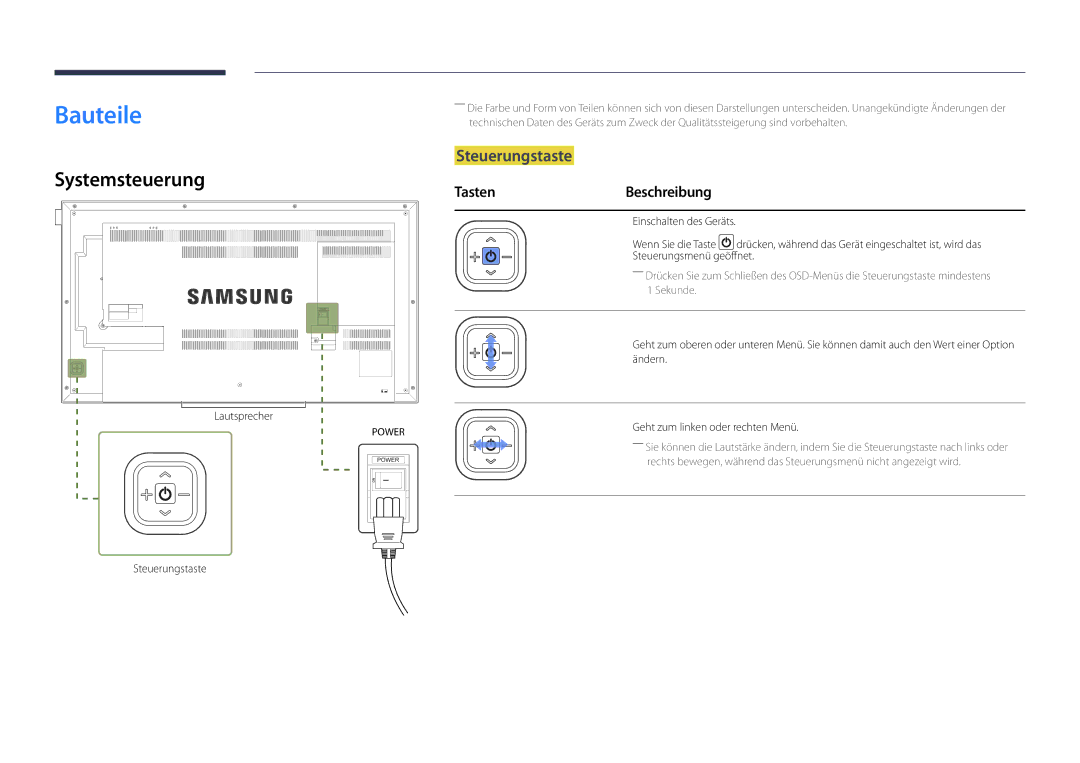 Samsung LH46UEDPLGC/EN, LH55UEDPLGC/EN manual Bauteile, Systemsteuerung, Steuerungstaste, TastenBeschreibung 