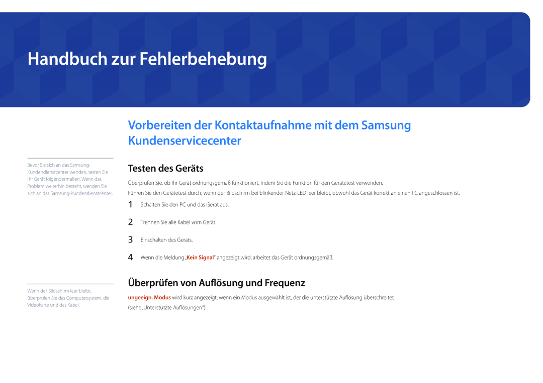 Samsung LH55UEDPLGC/EN manual Handbuch zur Fehlerbehebung, Testen des Geräts, Überprüfen von Auflösung und Frequenz 