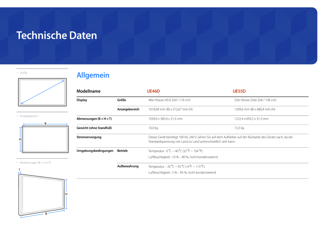 Samsung LH55UEDPLGC/EN, LH46UEDPLGC/EN manual Technische Daten 